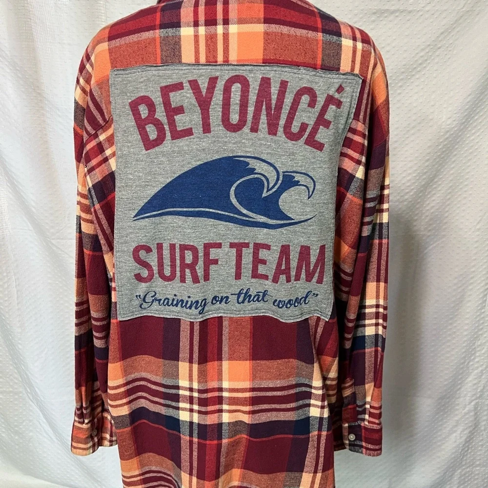 Upcycled Plaid Surf Team Shirt - Red and Orange - Picture 1 of 4